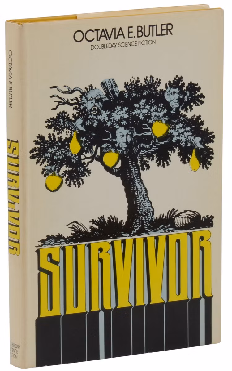 Uma capa do livro esgotado de Octavia Butler, Survivor, mostrando uma árvore estilizada em preto e branco com frutas amarelas penduradas e rostos nos galhos