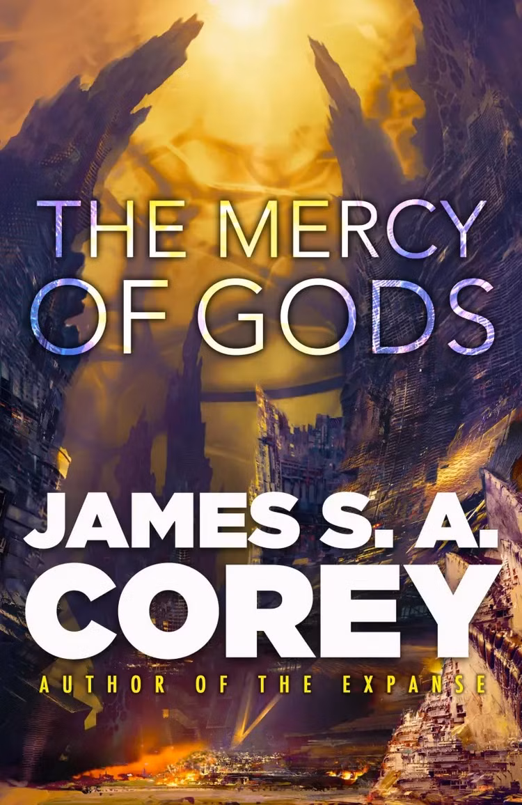 Um vasto cenário de fantasia de ficção científica, com longos penhascos recortados estendendo-se até o céu, na capa de The Mercy of Gods, de James SA Corey.