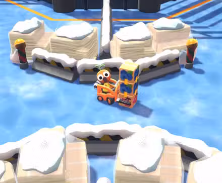 Uma captura de tela do Crashout Crew, mostrando um personagem laranja em uma empilhadeira carregando três caixas em um terreno gelado.