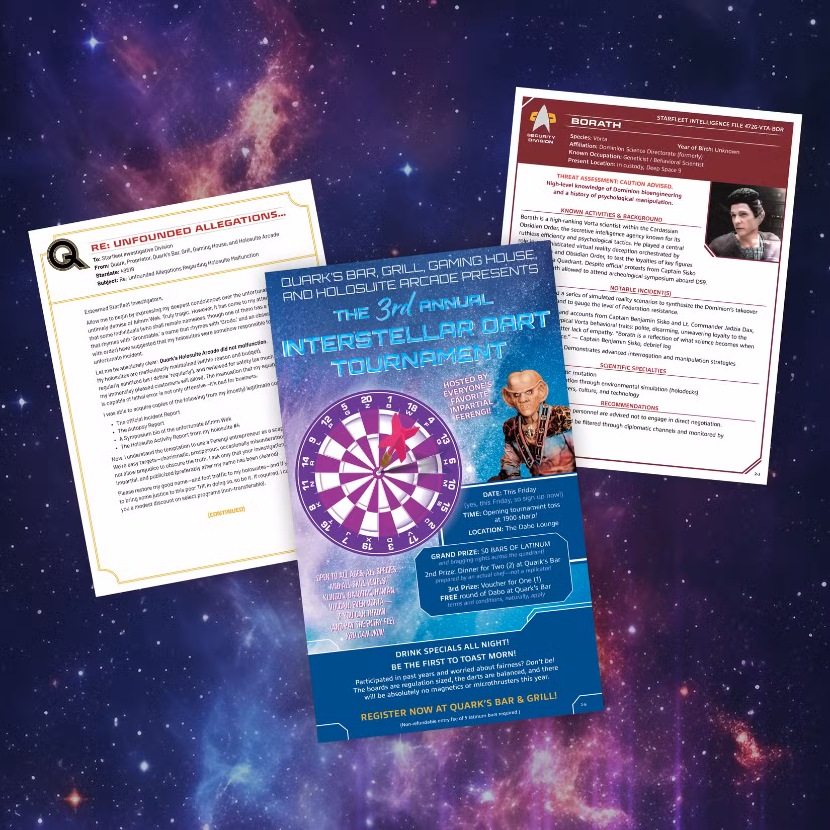 Folhetos do jogo misterioso de assassinato Deep Space Nine: Holosuite Homicide incluem informações sobre um torneio de dardos no Quark's Bar & Grill
