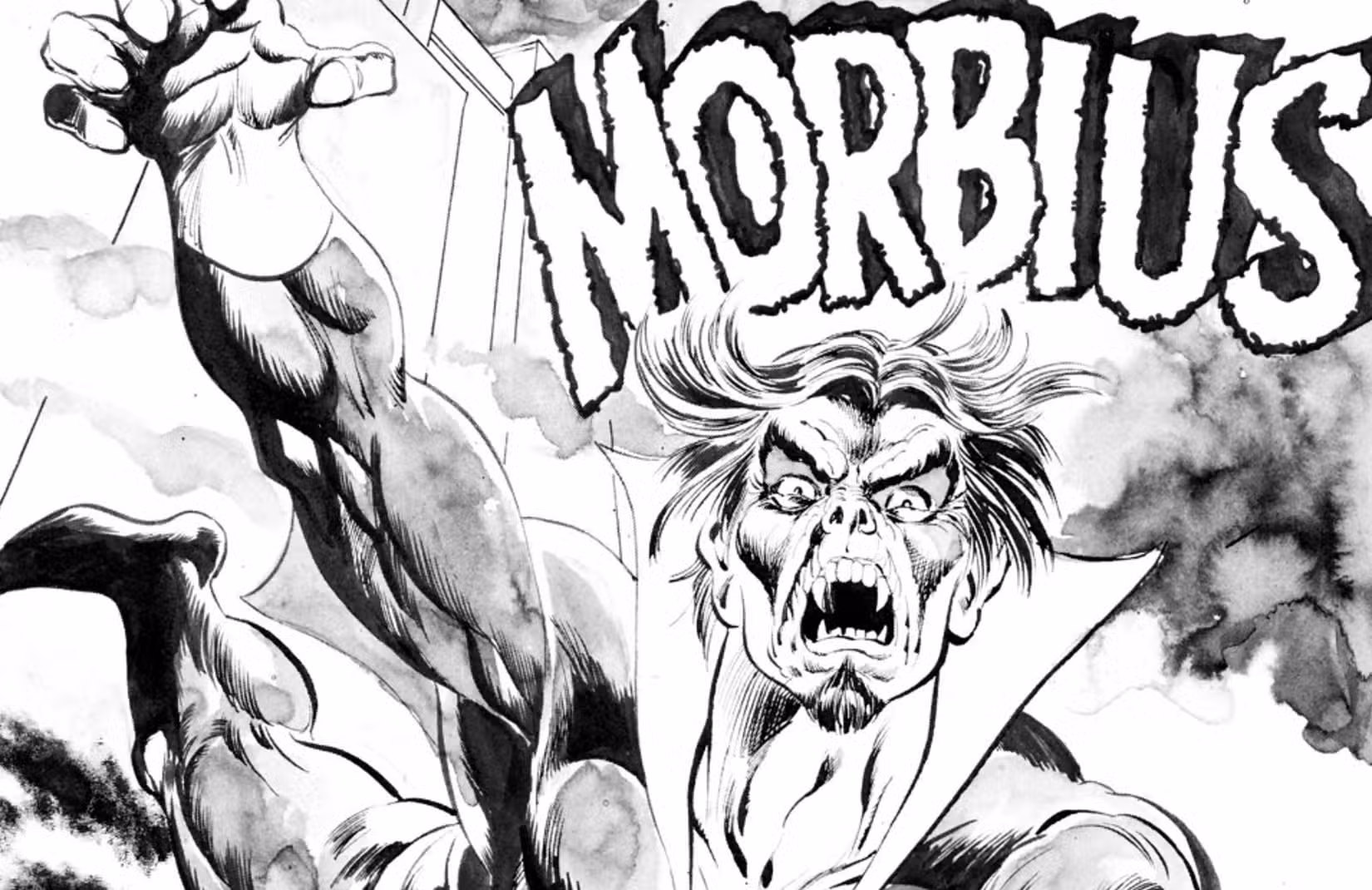 O vampiro Morbius ataca o espectador com seus dentes de vampiro à mostra, de uma história de Contos de Vampiros 