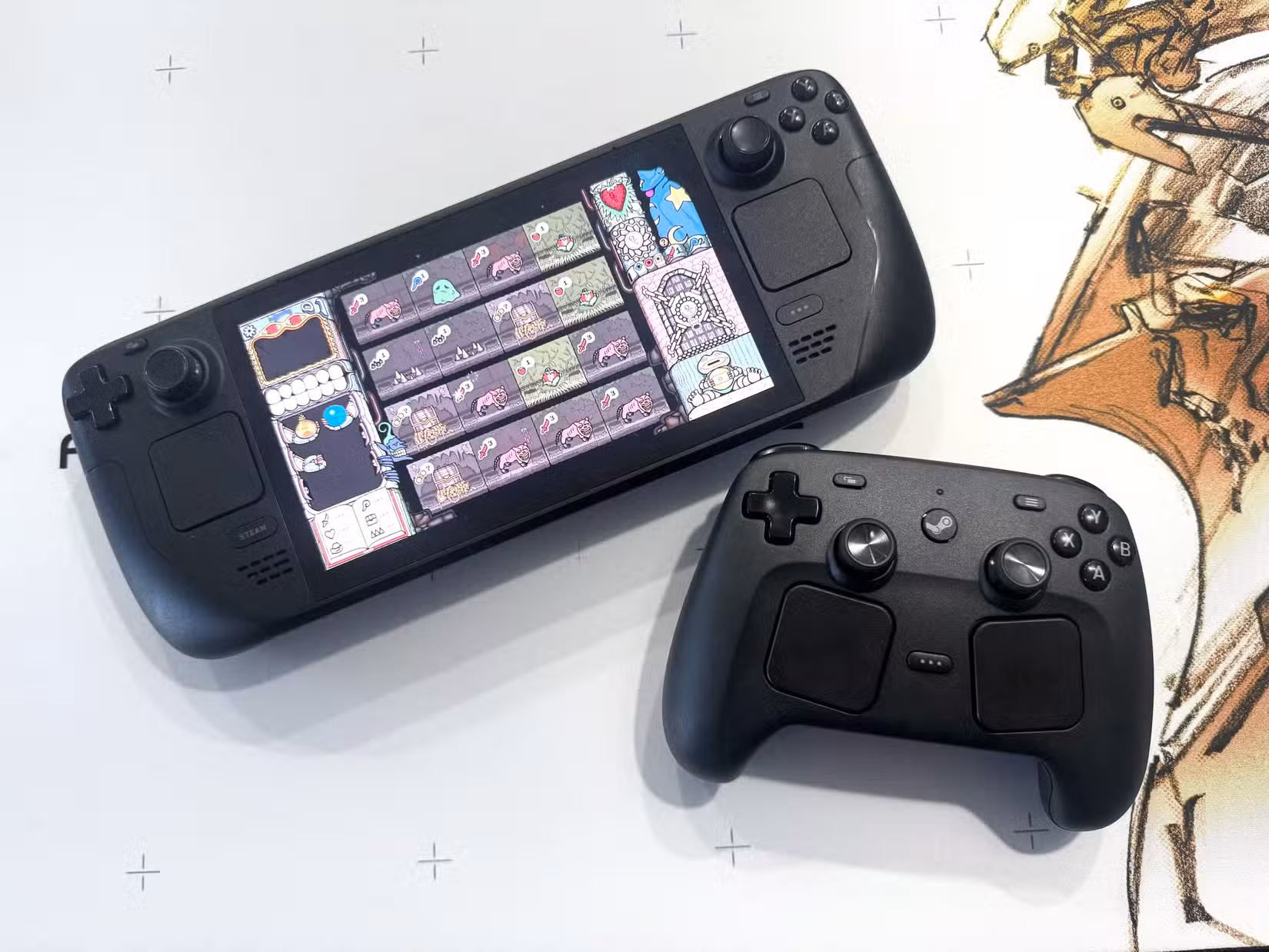 Um Steam Controller fica próximo a um Steam Deck.