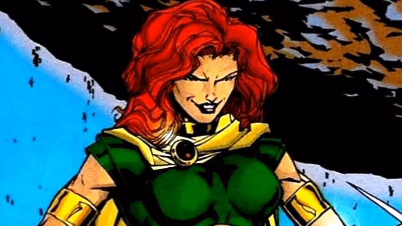 Uma mulher ruiva vestida de verde fica triunfante, esta é Maxima da DC