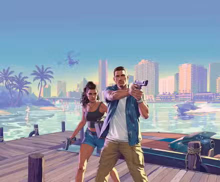 Arte para GTA 6, apresentando os protagonistas Jason e Lucia segurando armas enquanto estão em uma doca de Vice City