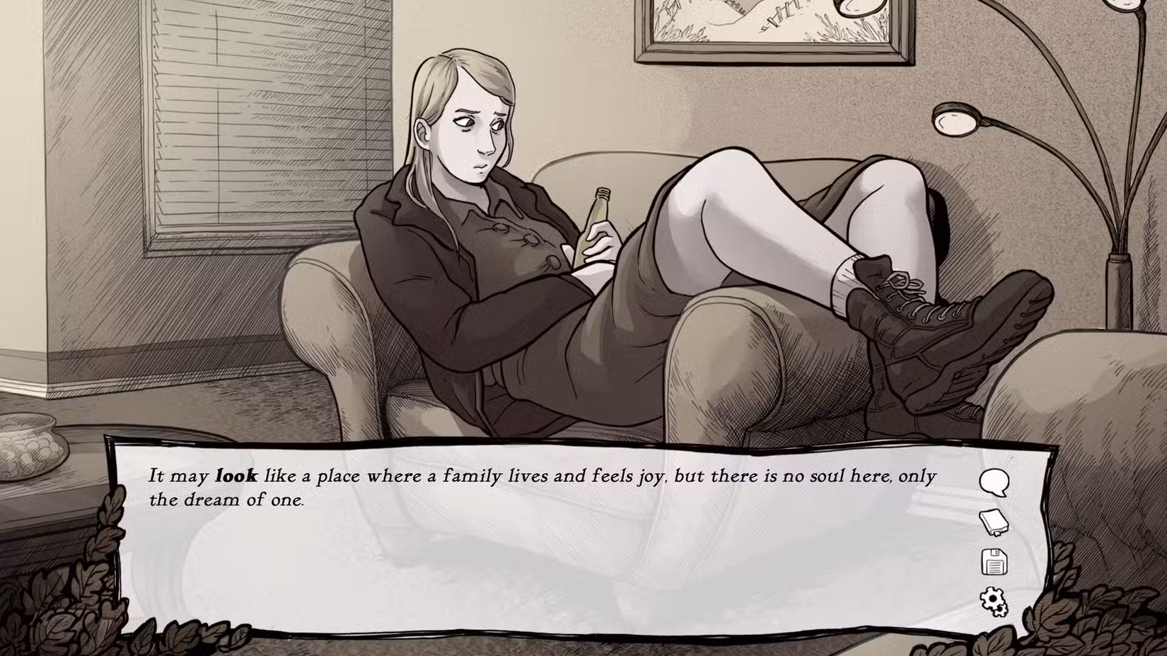 Tabitha reclinada em um pequeno sofá em Scarlet Hollow e parecendo deprimida