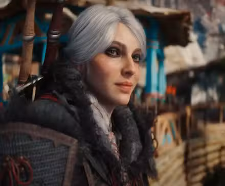 Ciri – a protagonista feminina de cabelos grisalhos de The Witcher 4 – está encostada em uma varanda, sorrindo.
