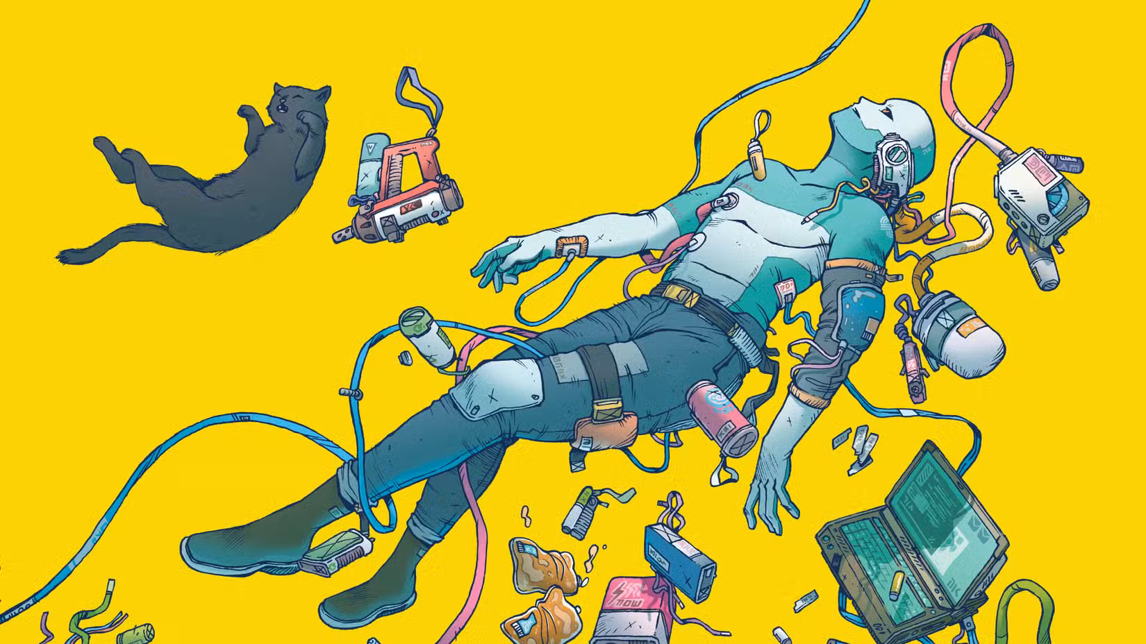 Arte principal de Citizen Sleeper 2: Starward Vector, apresentando o protagonista do jogo flutuando em gravidade zero ao lado de um gato preto. contra um fundo amarelo brilhante