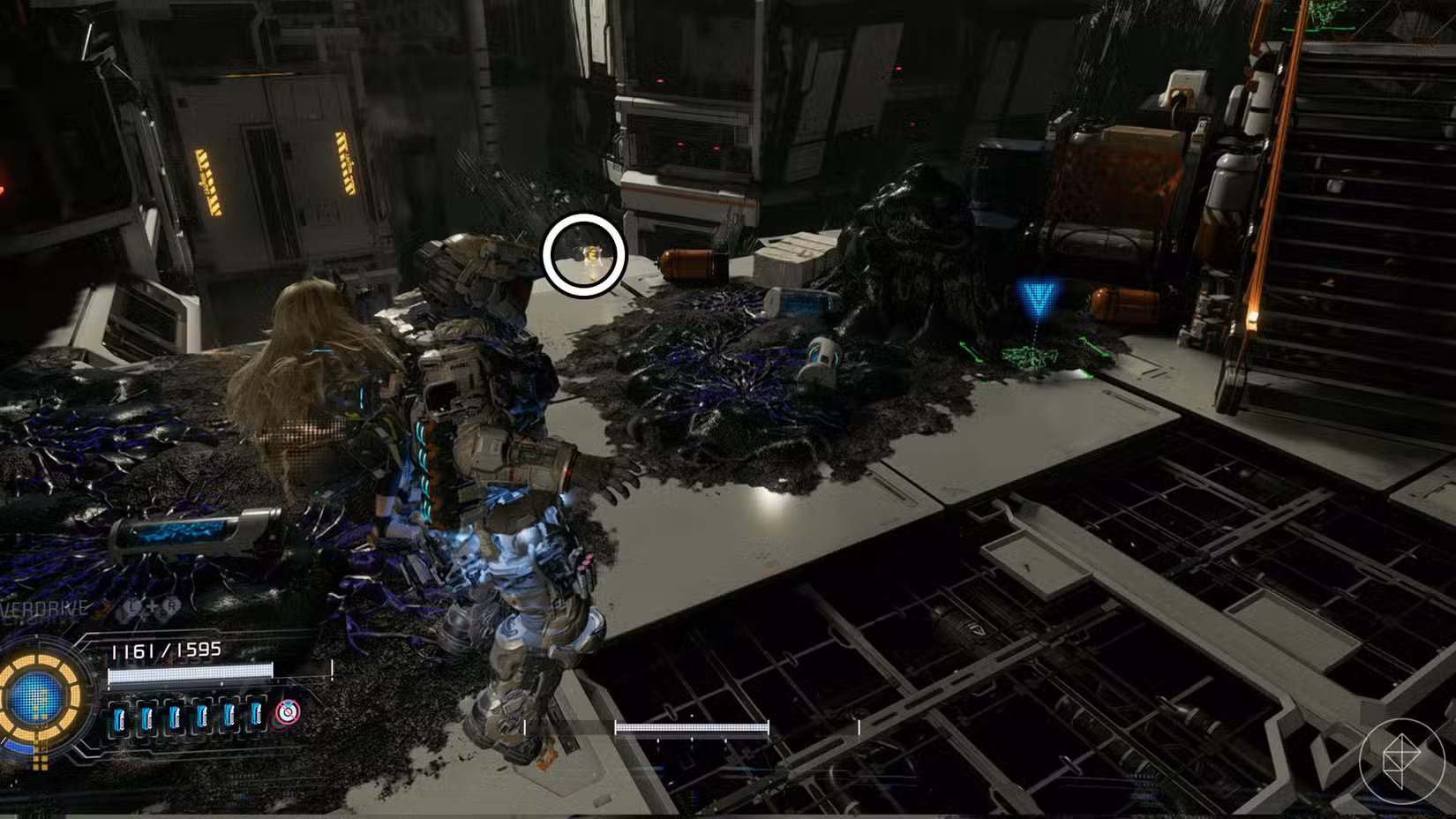 Uma captura de tela do Pragmata mostrando a localização de um componente de atualização no setor do Porto Central