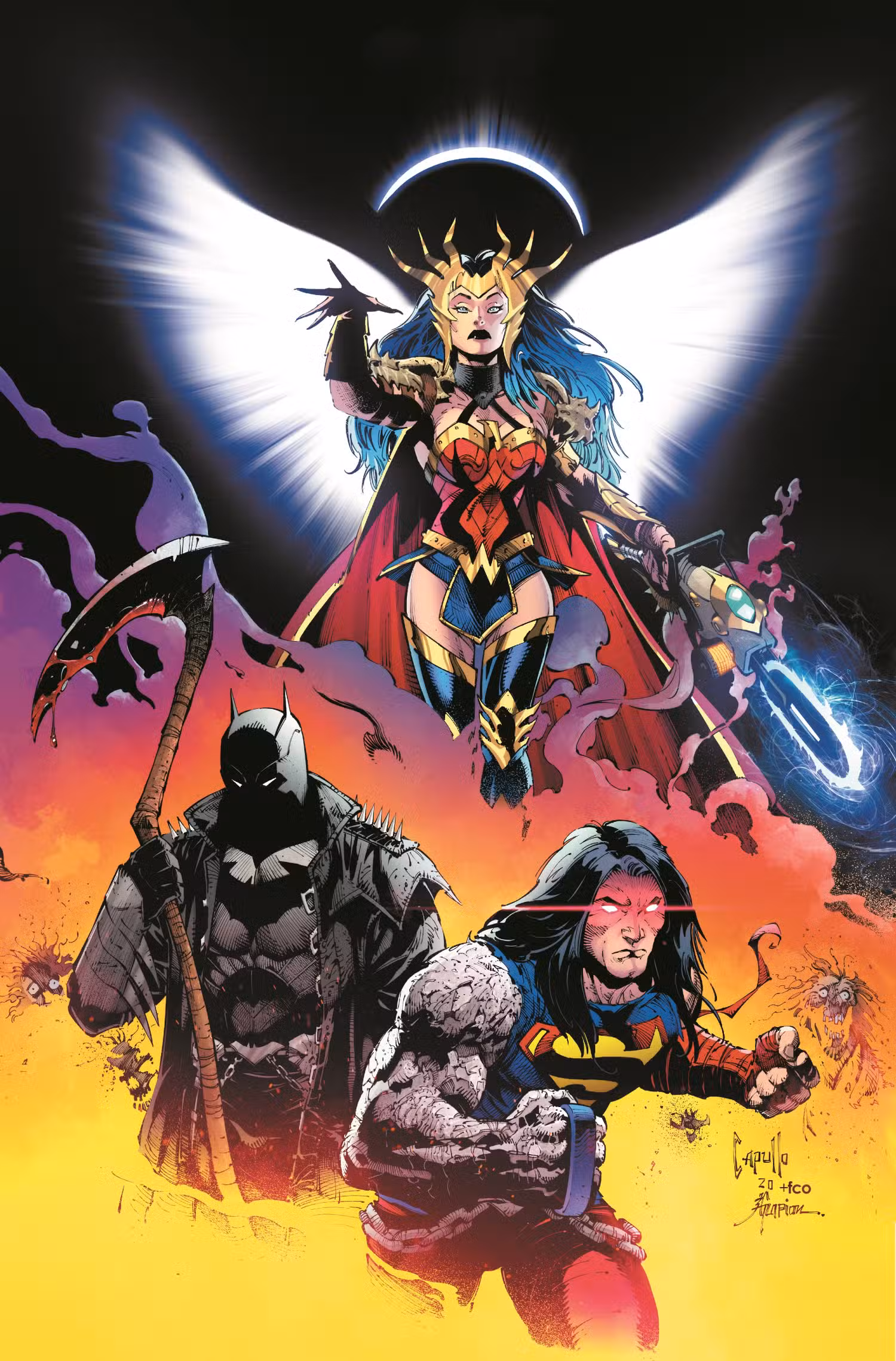 Uma Mulher Maravilha coroada exibe asas brancas espectrais, Batman brande uma foice e Superman ganha seu próprio visual pós-apocalíptico na arte promocional de Dark Nights: Death Metal, DC Comics