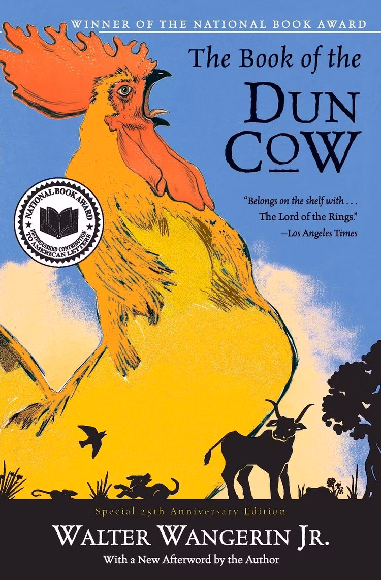 Uma capa do romance de fantasia de Walter Wangerin, The Book of the Dun Cow, apresentando um galo laranja e amarelo brilhante contra um céu azul