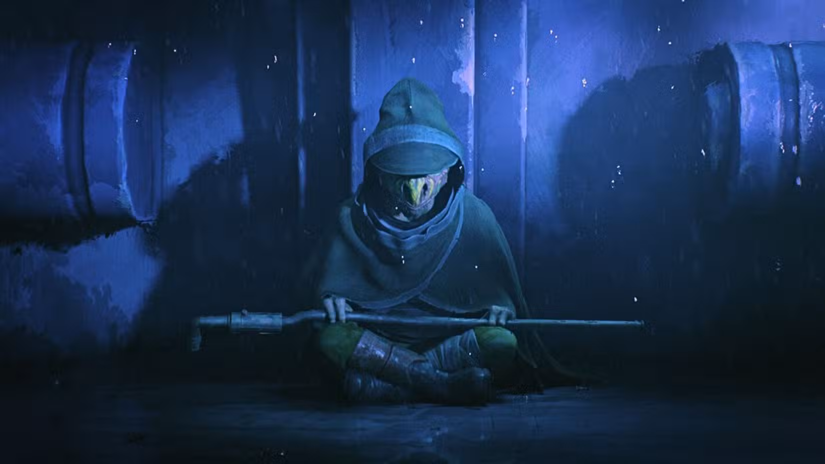 Uma imagem de Maul: Shadow Lord apresentando Daki, um Jedi estilo dinossauro que está sentado no chão. A chuva cai ao seu redor. Ele segura um cachimbo no colo.