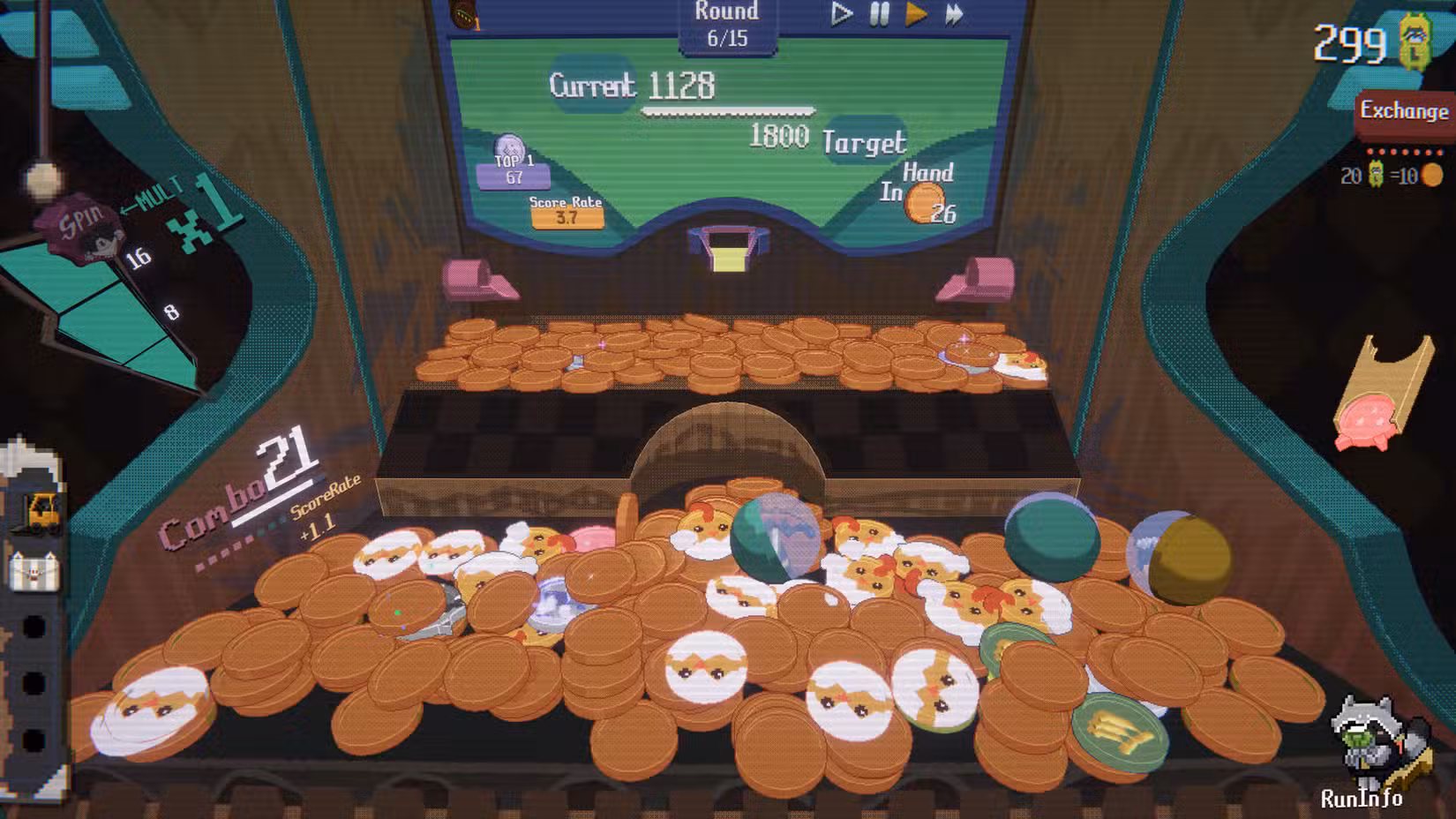 As moedas ficam em uma mesa de empurrador de moedas em Raccooin.