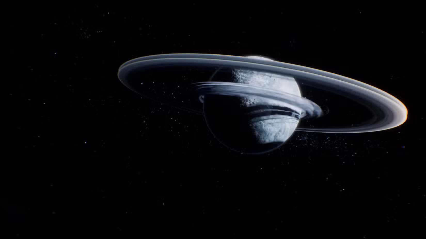 O planeta Perséfone com dois anéis em uma captura de tela do jogo de aventura espacial Aphelion