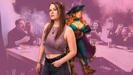 Uma imagem de Marisha Ray de costas com Murray, seu personagem anão de Critical Role.
