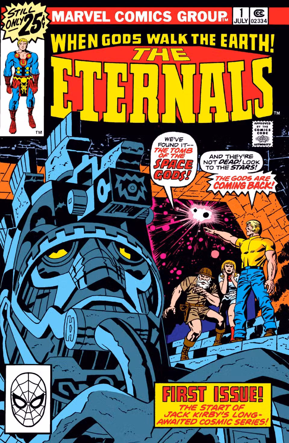 capa dos eternos 1, arte de Jack Kirby, um trio de exploradores contemplando um enorme céu celestial