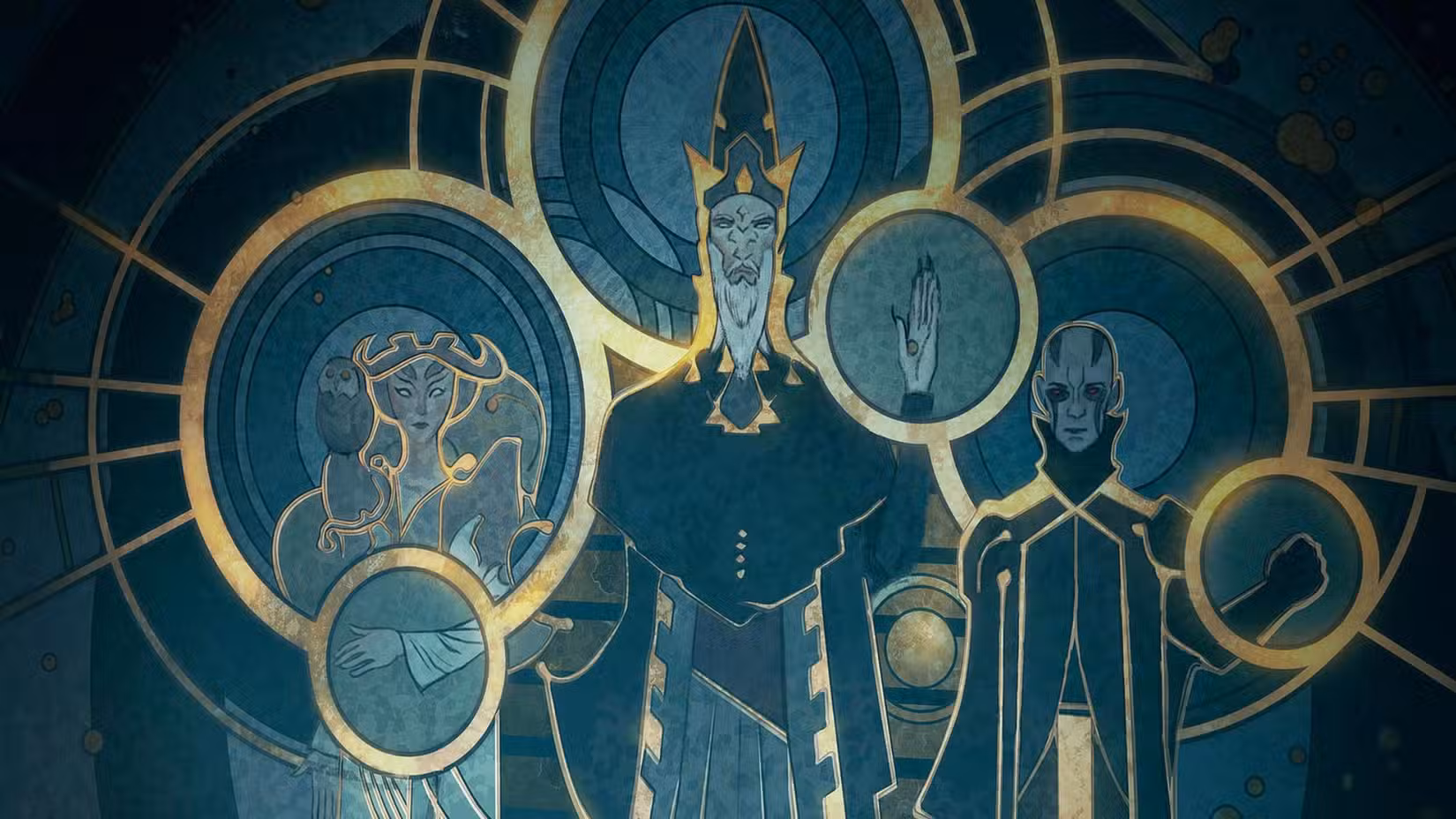 Ainda de Star Wars Rebeldes dos Deuses Mortis representados em uma parede em Lothal. 