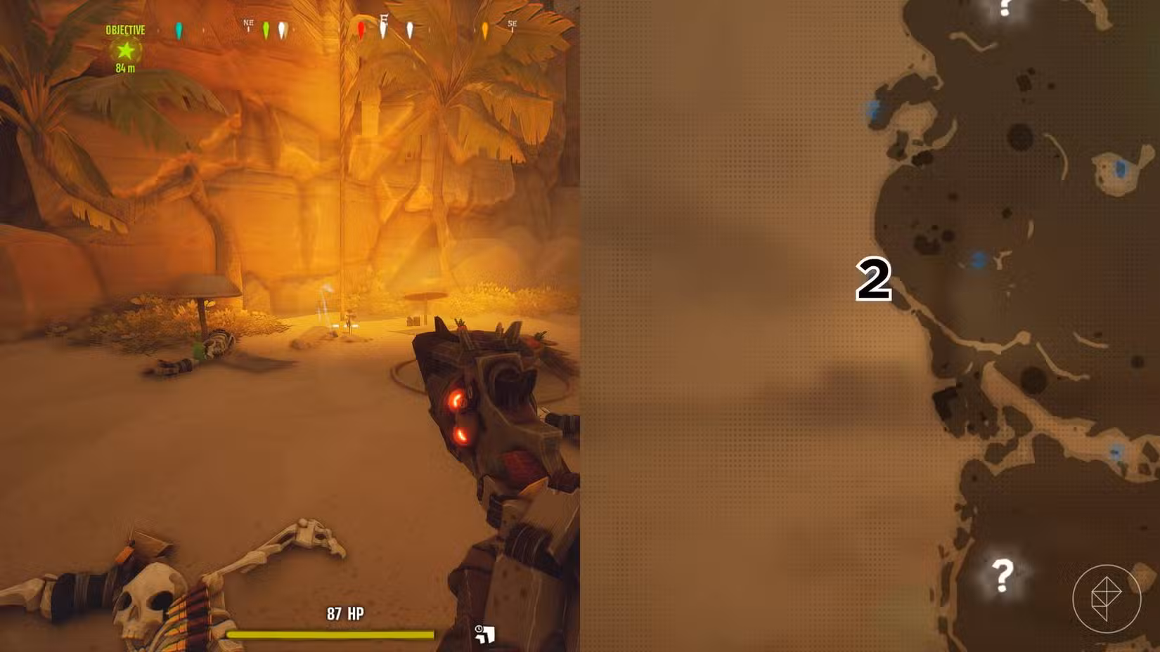O lado direito da imagem mostra a localização do túmulo no mapa do Deserto em Far Far West com o respectivo número sobreposto em sua localização, enquanto o lado esquerdo da imagem mostra o jogador no jogo parado próximo ao túmulo.