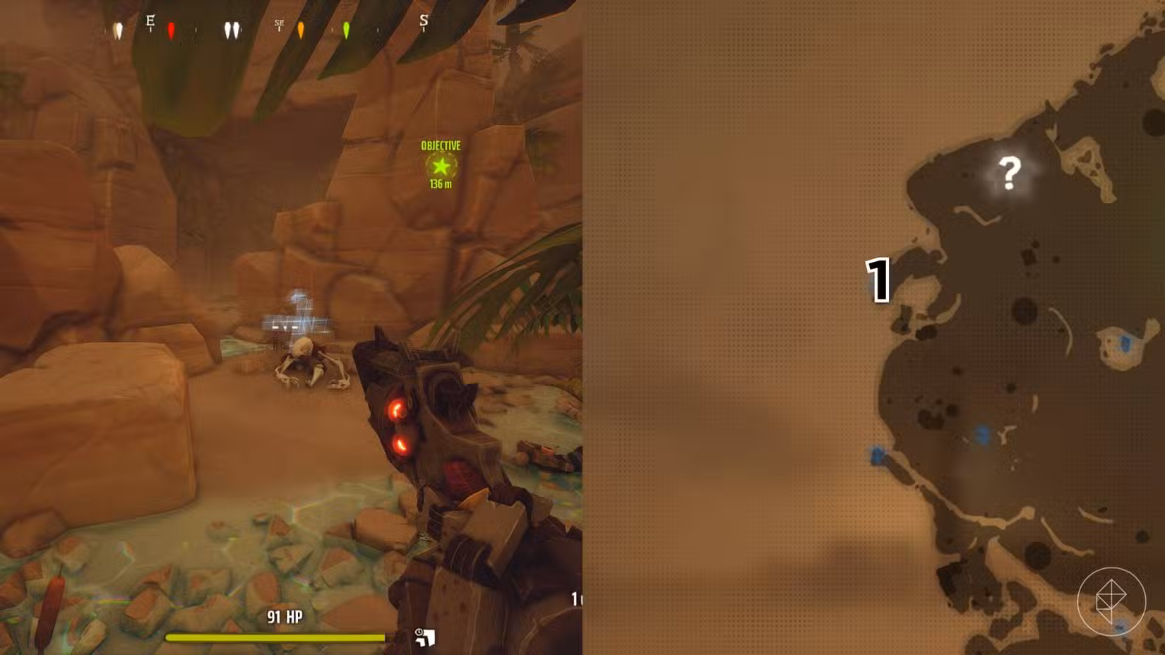 O lado direito da imagem mostra a localização do túmulo no mapa do Deserto em Far Far West com o respectivo número sobreposto em sua localização, enquanto o lado esquerdo da imagem mostra o jogador no jogo parado próximo ao túmulo.
