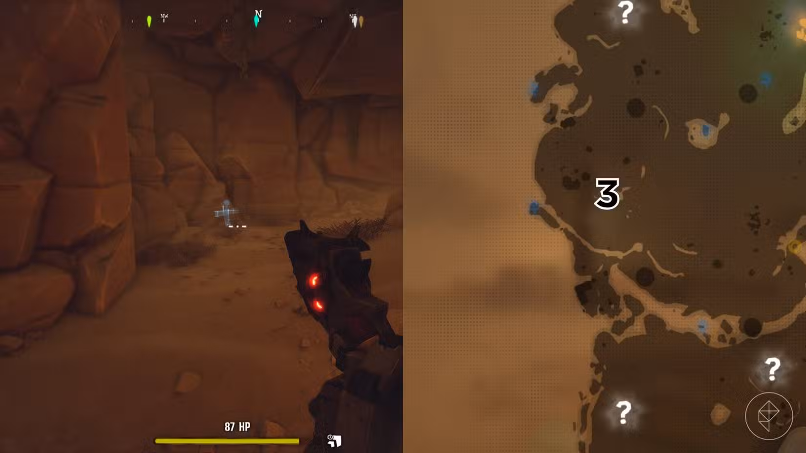 O lado direito da imagem mostra a localização do túmulo no mapa do Deserto em Far Far West com o respectivo número sobreposto em sua localização, enquanto o lado esquerdo da imagem mostra o jogador no jogo parado próximo ao túmulo.