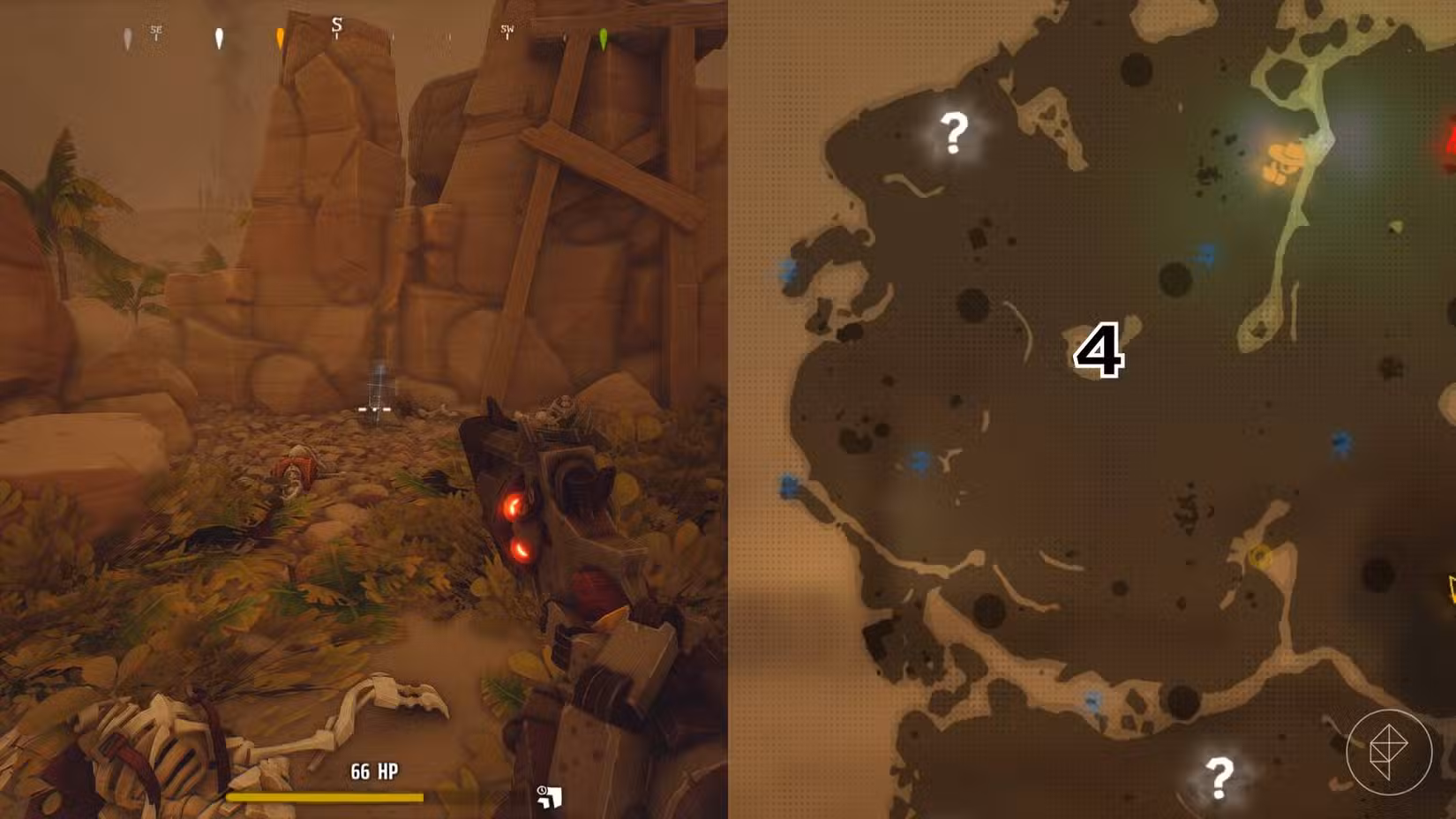 O lado direito da imagem mostra a localização do túmulo no mapa do Deserto em Far Far West com o respectivo número sobreposto em sua localização, enquanto o lado esquerdo da imagem mostra o jogador no jogo parado próximo ao túmulo.
