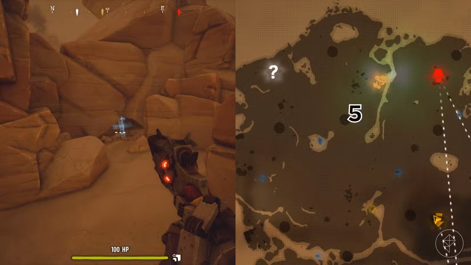 O lado direito da imagem mostra a localização do túmulo no mapa do Deserto em Far Far West com o respectivo número sobreposto em sua localização, enquanto o lado esquerdo da imagem mostra o jogador no jogo parado próximo ao túmulo.