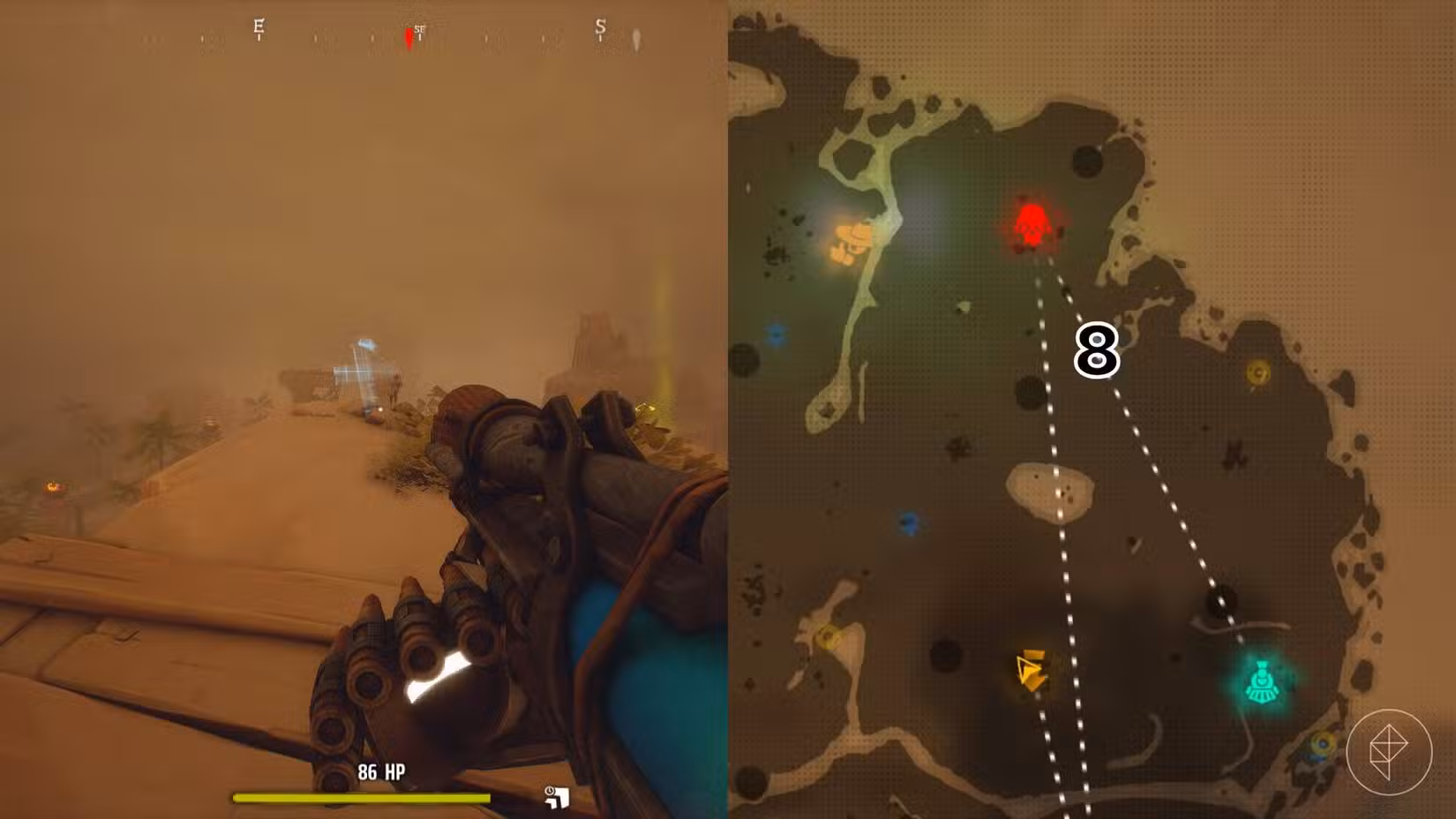 O lado direito da imagem mostra a localização do túmulo no mapa do Deserto em Far Far West com o respectivo número sobreposto em sua localização, enquanto o lado esquerdo da imagem mostra o jogador no jogo parado próximo ao túmulo.