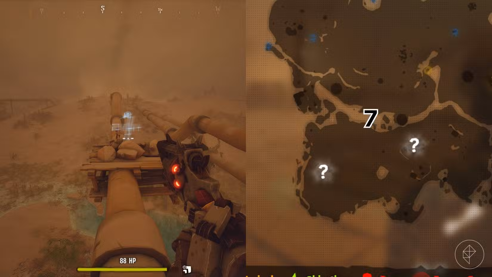 O lado direito da imagem mostra a localização do túmulo no mapa do Deserto em Far Far West com o respectivo número sobreposto em sua localização, enquanto o lado esquerdo da imagem mostra o jogador no jogo parado próximo ao túmulo.