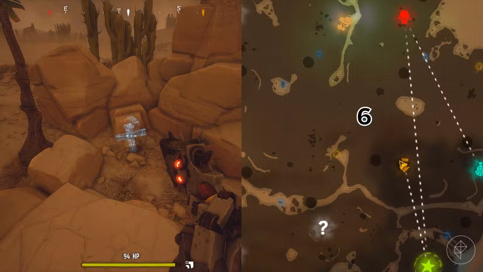 O lado direito da imagem mostra a localização do túmulo no mapa do Deserto em Far Far West com o respectivo número sobreposto em sua localização, enquanto o lado esquerdo da imagem mostra o jogador no jogo parado próximo ao túmulo.