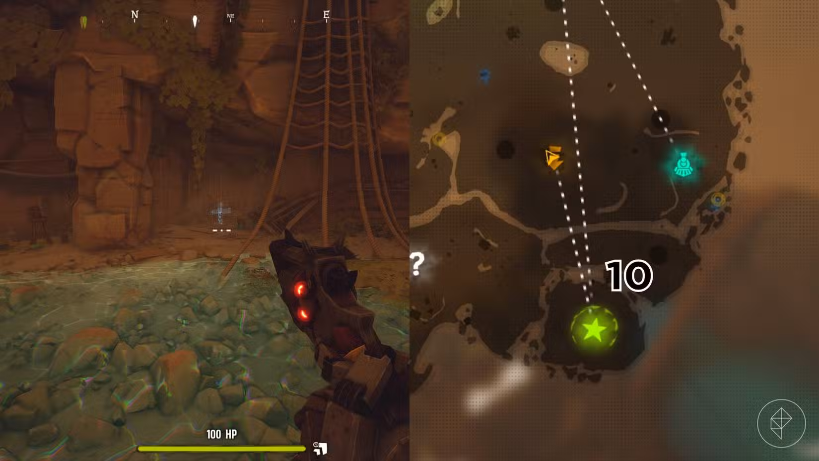 O lado direito da imagem mostra a localização do túmulo no mapa do Deserto em Far Far West com o respectivo número sobreposto em sua localização, enquanto o lado esquerdo da imagem mostra o jogador no jogo parado próximo ao túmulo.