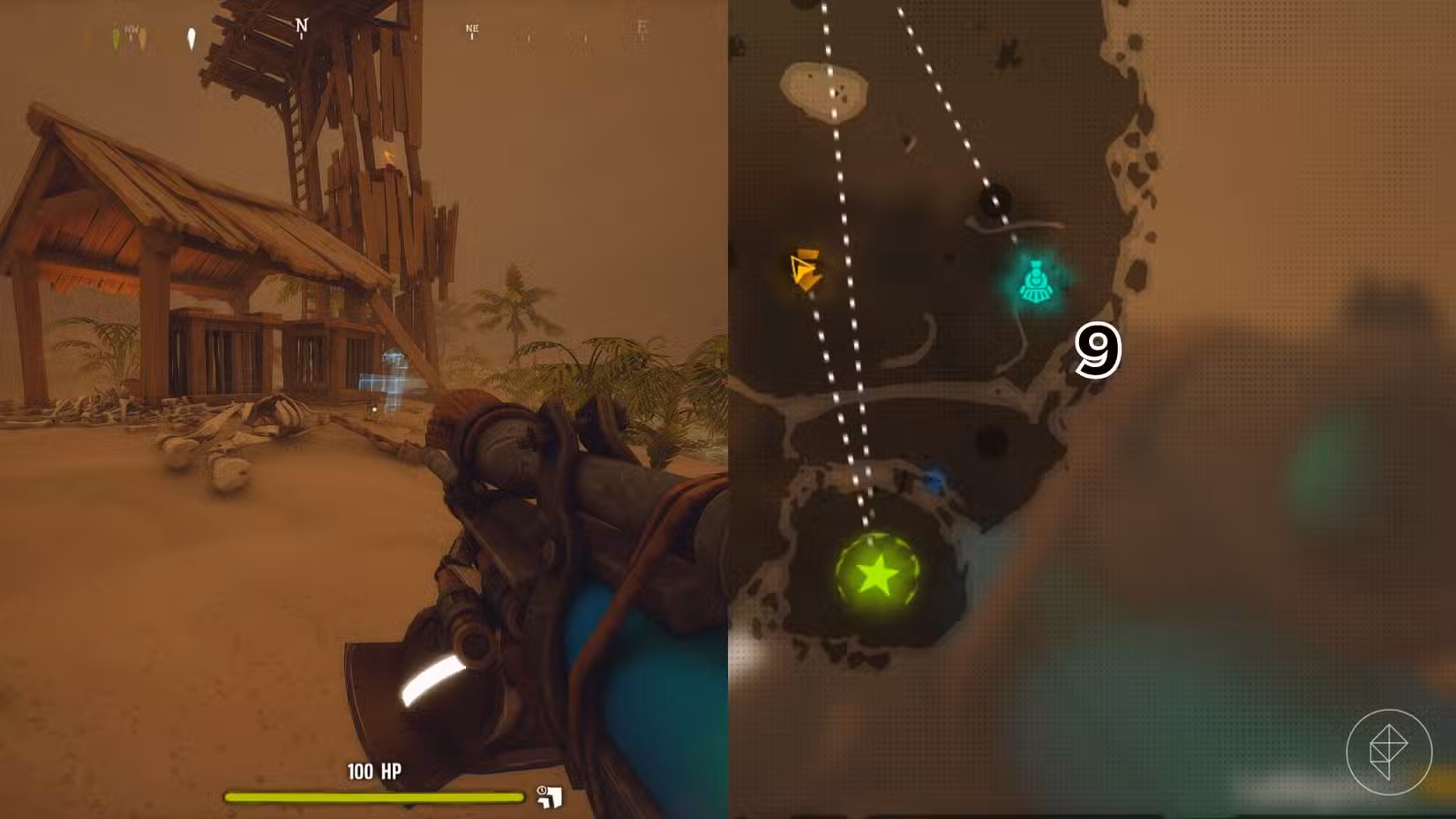 O lado direito da imagem mostra a localização do túmulo no mapa do Deserto em Far Far West com o respectivo número sobreposto em sua localização, enquanto o lado esquerdo da imagem mostra o jogador no jogo parado próximo ao túmulo.