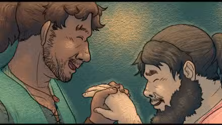 Um detalhe do painel de It Will Be Hard, de Hien Pham, com dois homens barbudos e gordinhos de mãos dadas e rindo juntos enquanto tentam dançar