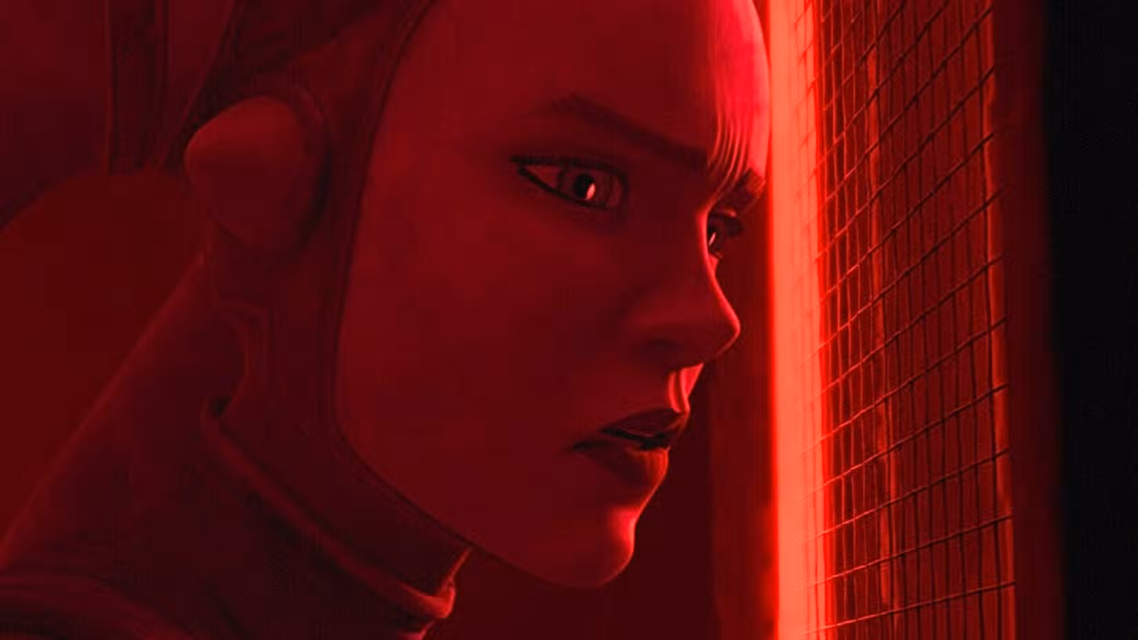 Imagem de Star Wars Maul - Shadow Lord. Ele retrata um Twi'lek rosa, Devon Izara, olhando através de uma grade vermelha. A iluminação que cobre seu rosto é vermelha.