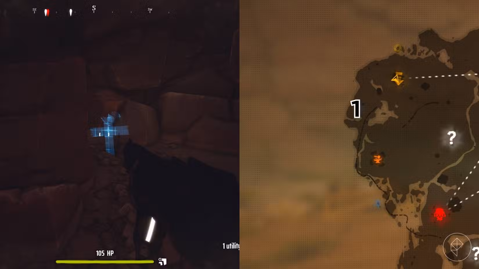 O lado direito da imagem mostra a localização do túmulo no mapa Far West em Far Far West marcado pelo seu respectivo número, enquanto o lado esquerdo da imagem mostra o jogador parado em frente ao túmulo no jogo.