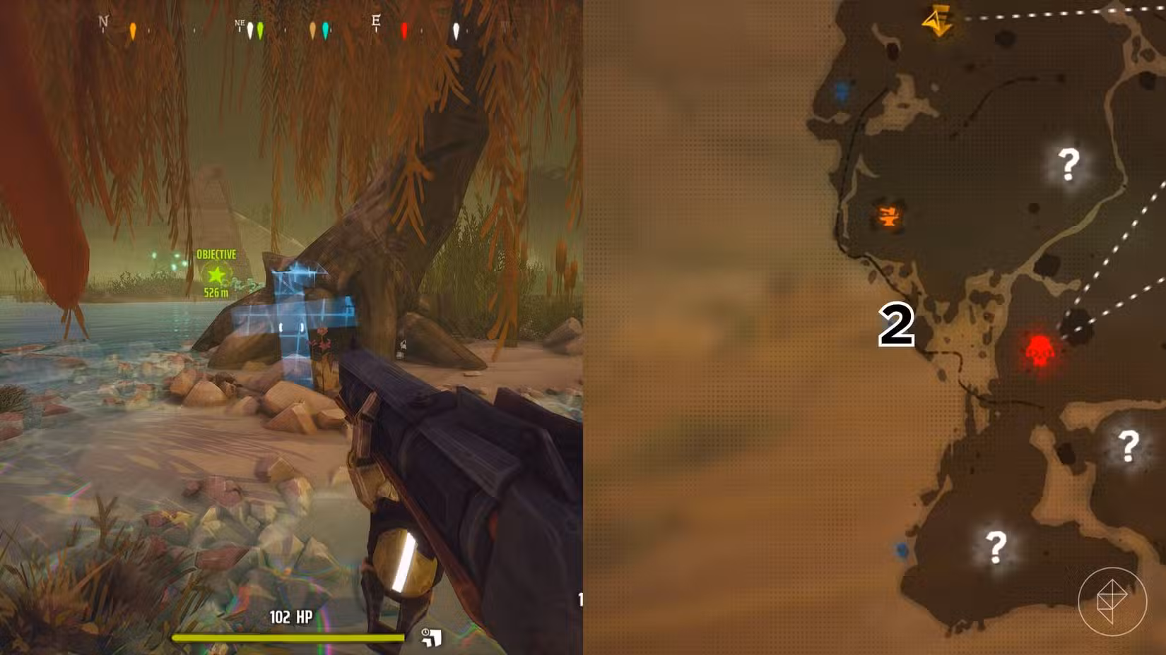 O lado direito da imagem mostra a localização do túmulo no mapa Far West em Far Far West marcado pelo seu respectivo número, enquanto o lado esquerdo da imagem mostra o jogador parado em frente ao túmulo no jogo.