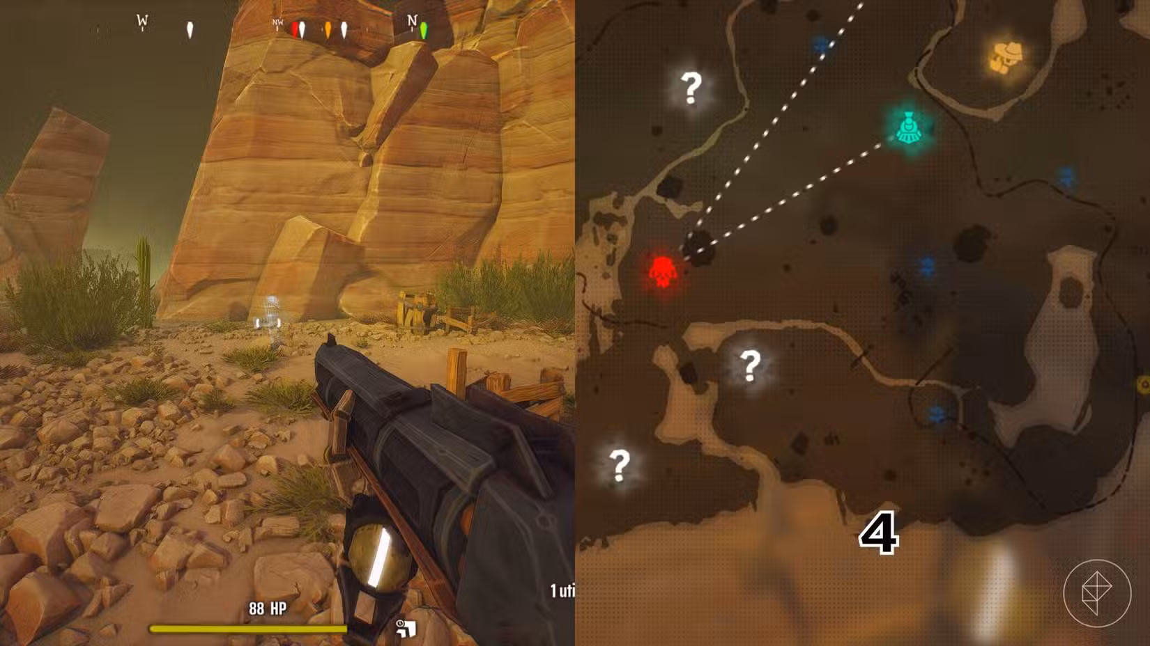 O lado direito da imagem mostra a localização do túmulo no mapa Far West em Far Far West marcado pelo seu respectivo número, enquanto o lado esquerdo da imagem mostra o jogador parado em frente ao túmulo no jogo.