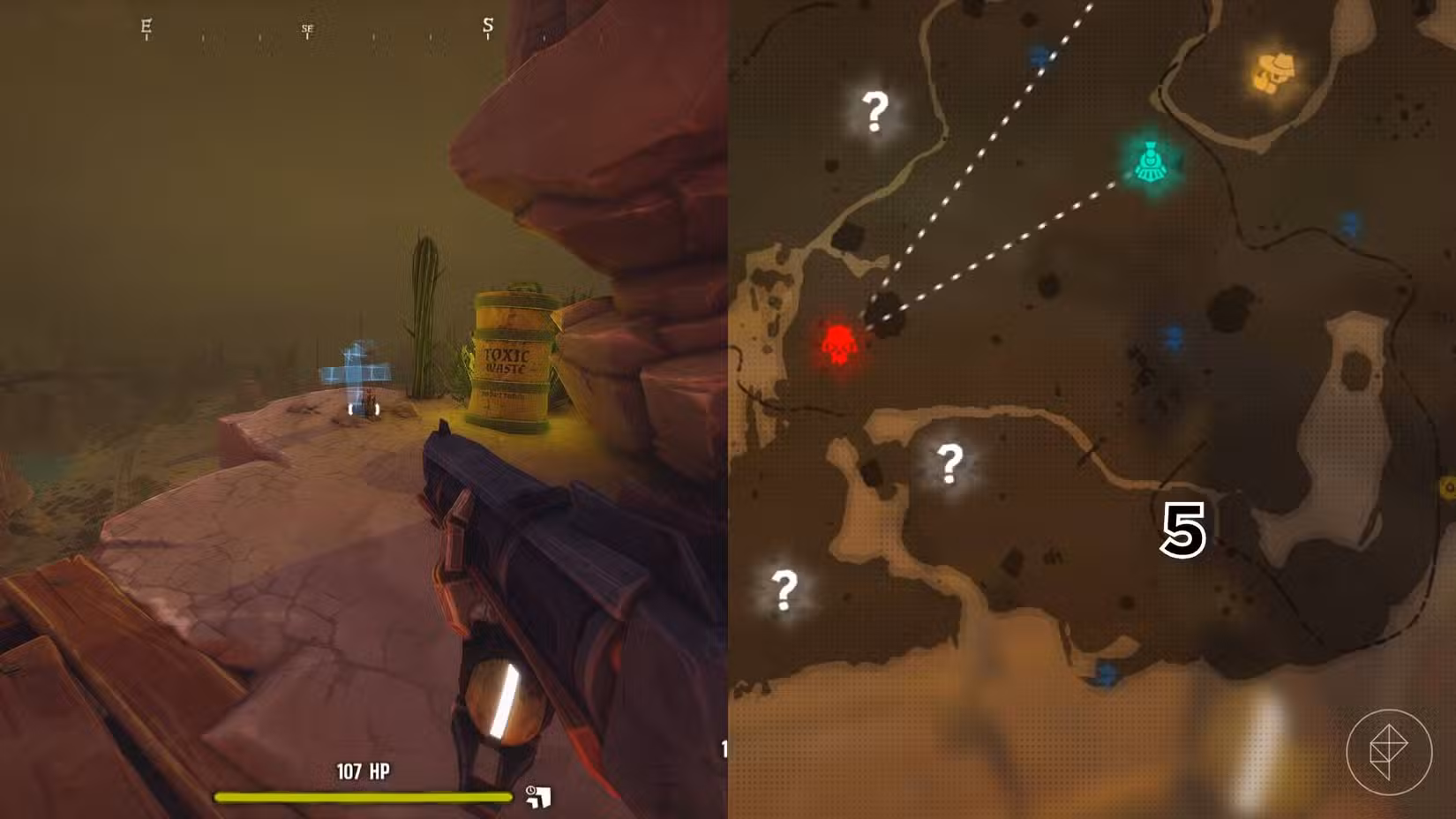 O lado direito da imagem mostra a localização do túmulo no mapa Far West em Far Far West marcado pelo seu respectivo número, enquanto o lado esquerdo da imagem mostra o jogador parado em frente ao túmulo no jogo.