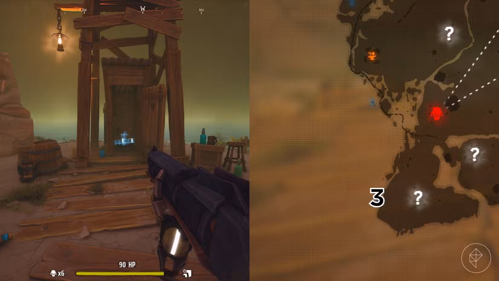 O lado direito da imagem mostra a localização do túmulo no mapa Far West em Far Far West marcado pelo seu respectivo número, enquanto o lado esquerdo da imagem mostra o jogador parado em frente ao túmulo no jogo.