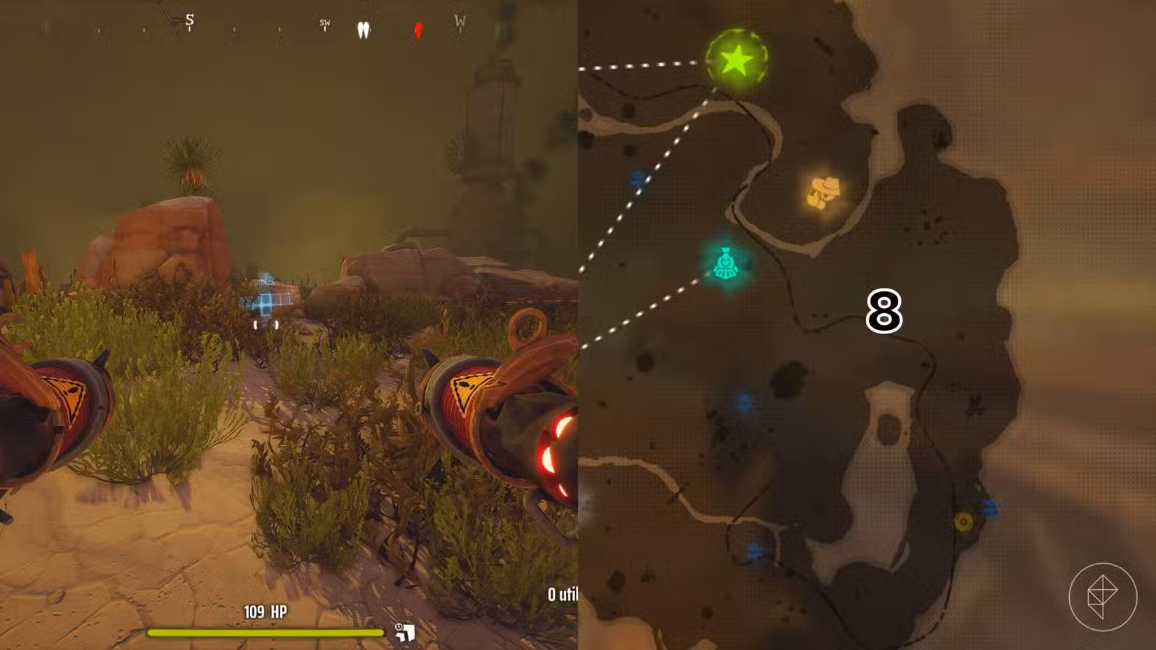 O lado direito da imagem mostra a localização do túmulo no mapa Far West em Far Far West marcado pelo seu respectivo número, enquanto o lado esquerdo da imagem mostra o jogador parado em frente ao túmulo no jogo.