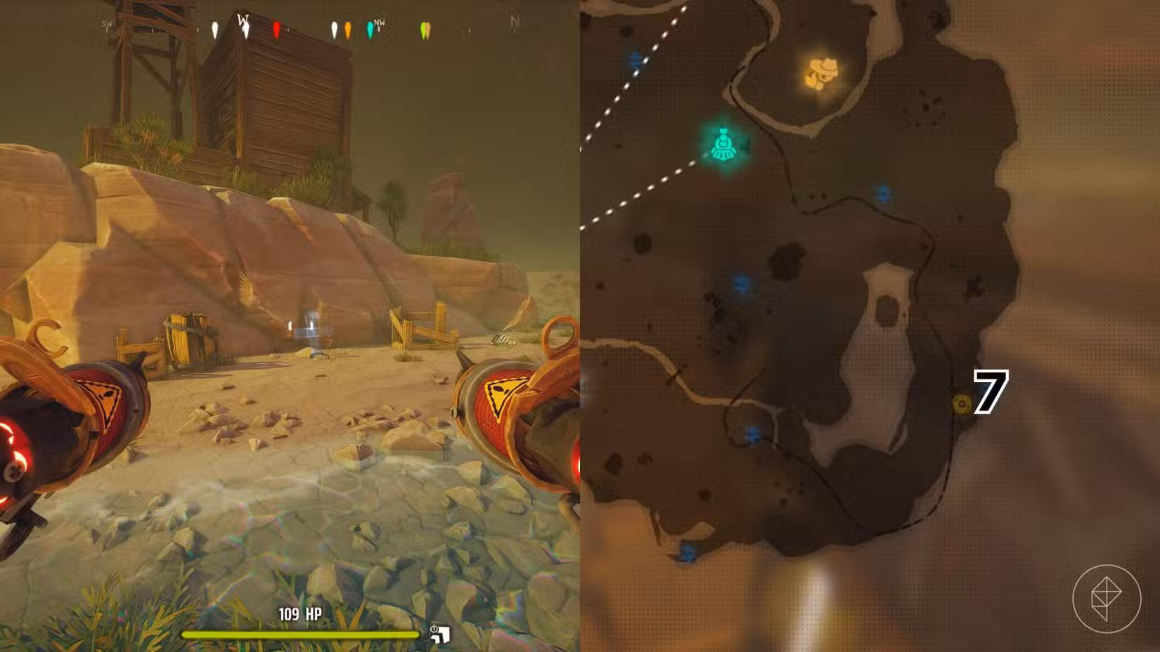 O lado direito da imagem mostra a localização do túmulo no mapa Far West em Far Far West marcado pelo seu respectivo número, enquanto o lado esquerdo da imagem mostra o jogador parado em frente ao túmulo no jogo.