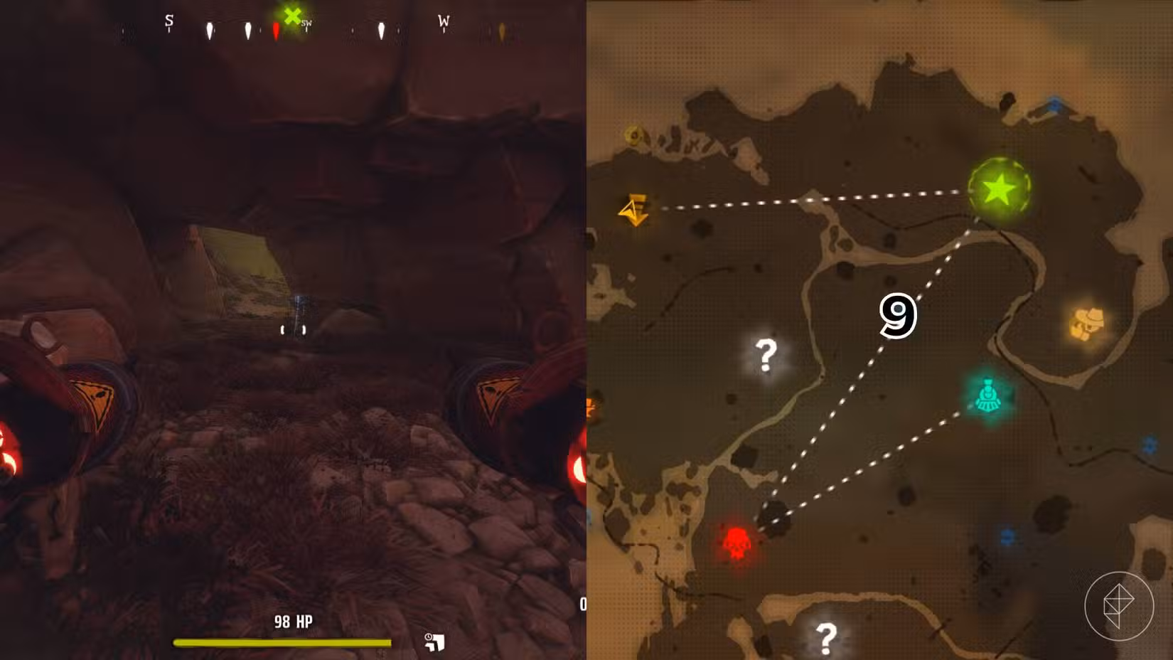 O lado direito da imagem mostra a localização do túmulo no mapa Far West em Far Far West marcado pelo seu respectivo número, enquanto o lado esquerdo da imagem mostra o jogador parado em frente ao túmulo no jogo.