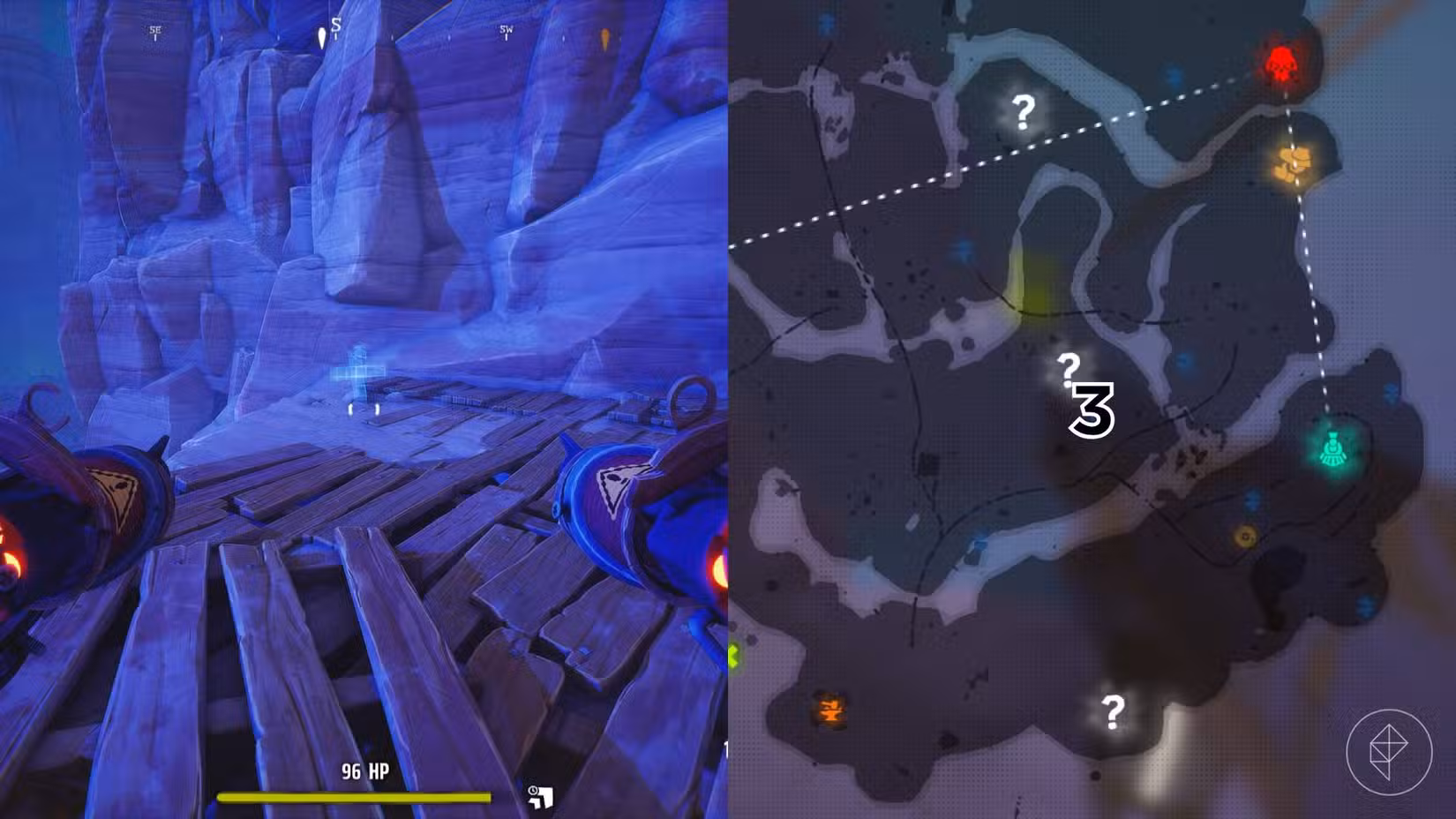 O lado direito da imagem mostra a localização do túmulo marcado no mapa Canyon do jogo em Far Far West, enquanto o lado esquerdo mostra o jogador no jogo parado em frente ao túmulo.