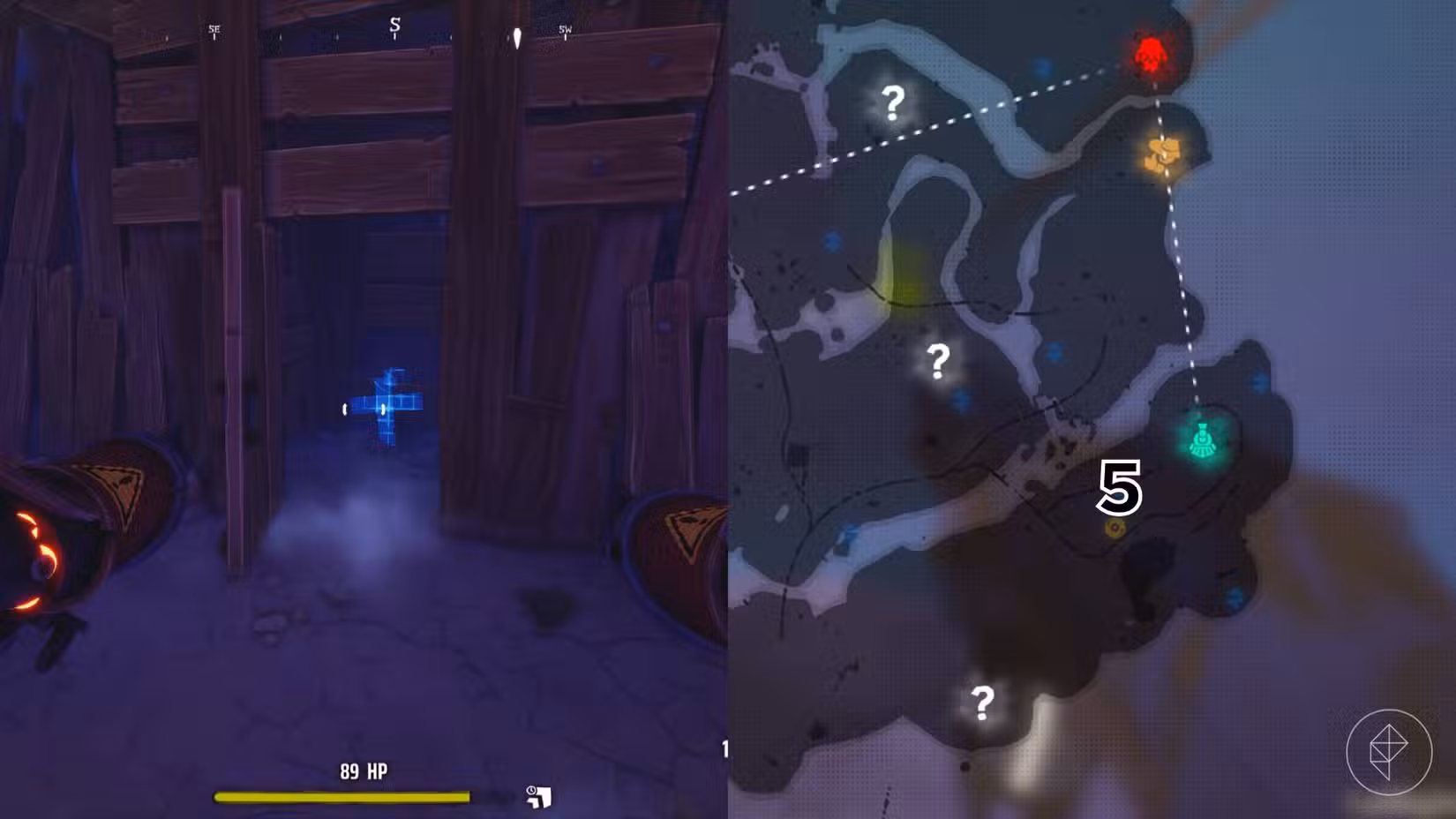 O lado direito da imagem mostra a localização do túmulo marcado no mapa Canyon do jogo em Far Far West, enquanto o lado esquerdo mostra o jogador no jogo parado em frente ao túmulo.