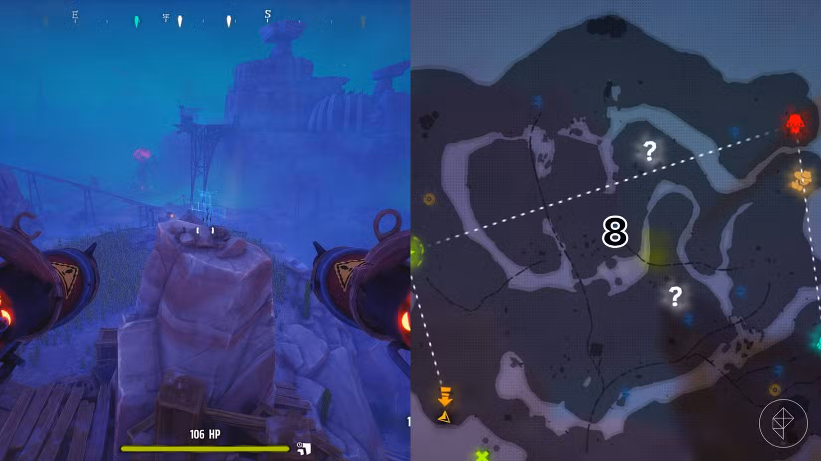 O lado direito da imagem mostra a localização do túmulo marcado no mapa Canyon do jogo em Far Far West, enquanto o lado esquerdo mostra o jogador no jogo parado em frente ao túmulo.
