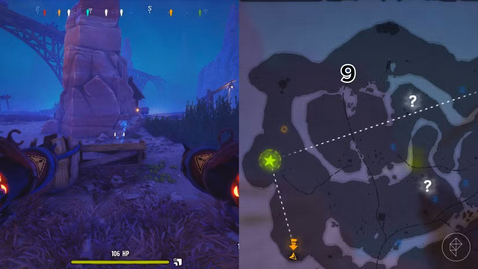 O lado direito da imagem mostra a localização do túmulo marcado no mapa Canyon do jogo em Far Far West, enquanto o lado esquerdo mostra o jogador no jogo parado em frente ao túmulo.