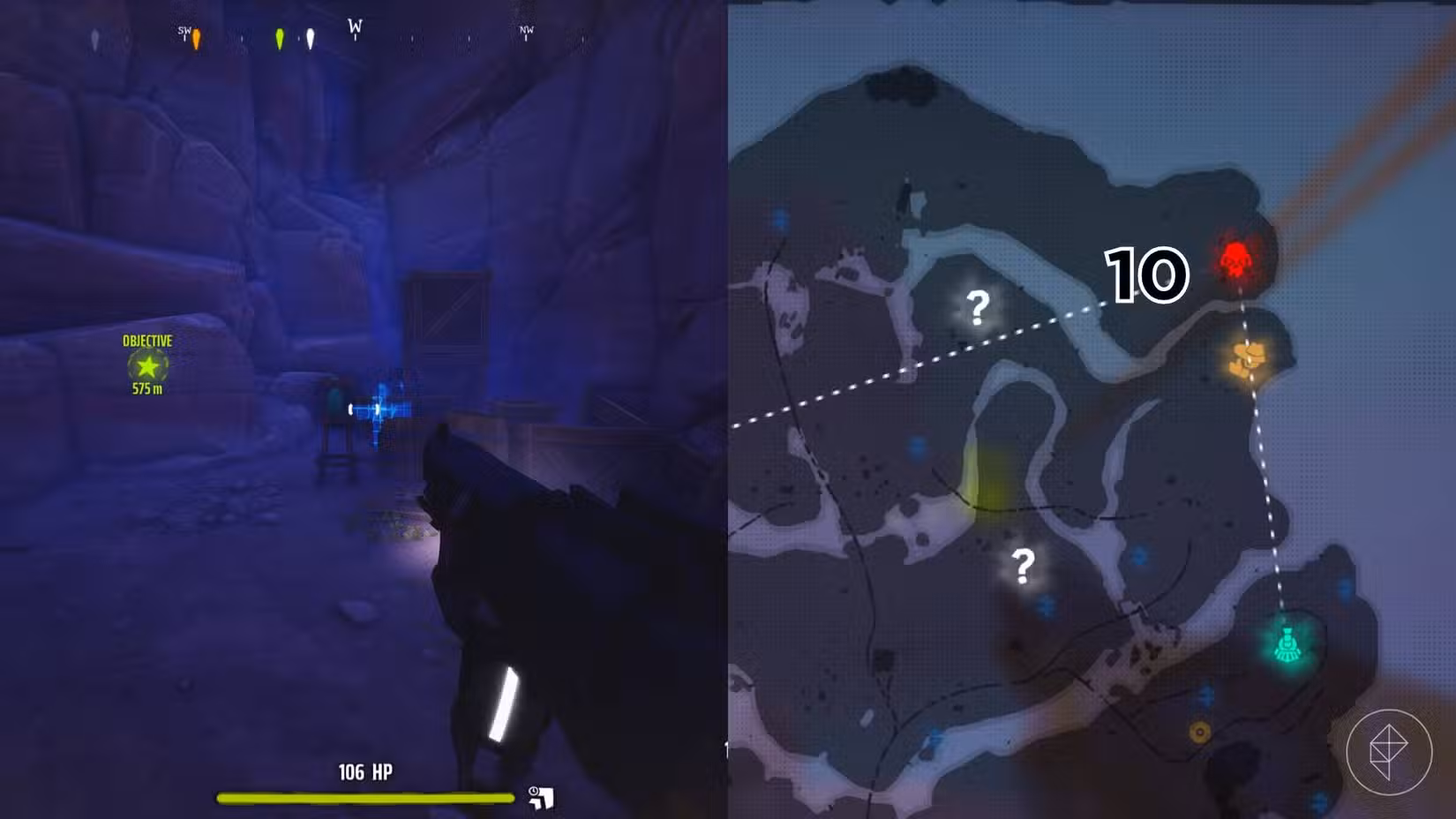 O lado direito da imagem mostra a localização do túmulo marcado no mapa Canyon do jogo em Far Far West, enquanto o lado esquerdo mostra o jogador no jogo parado em frente ao túmulo.
