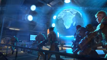 Soldados armados passando por uma terra holográfica em uma captura de tela da tela XCOM Enemy Unknown Steam
