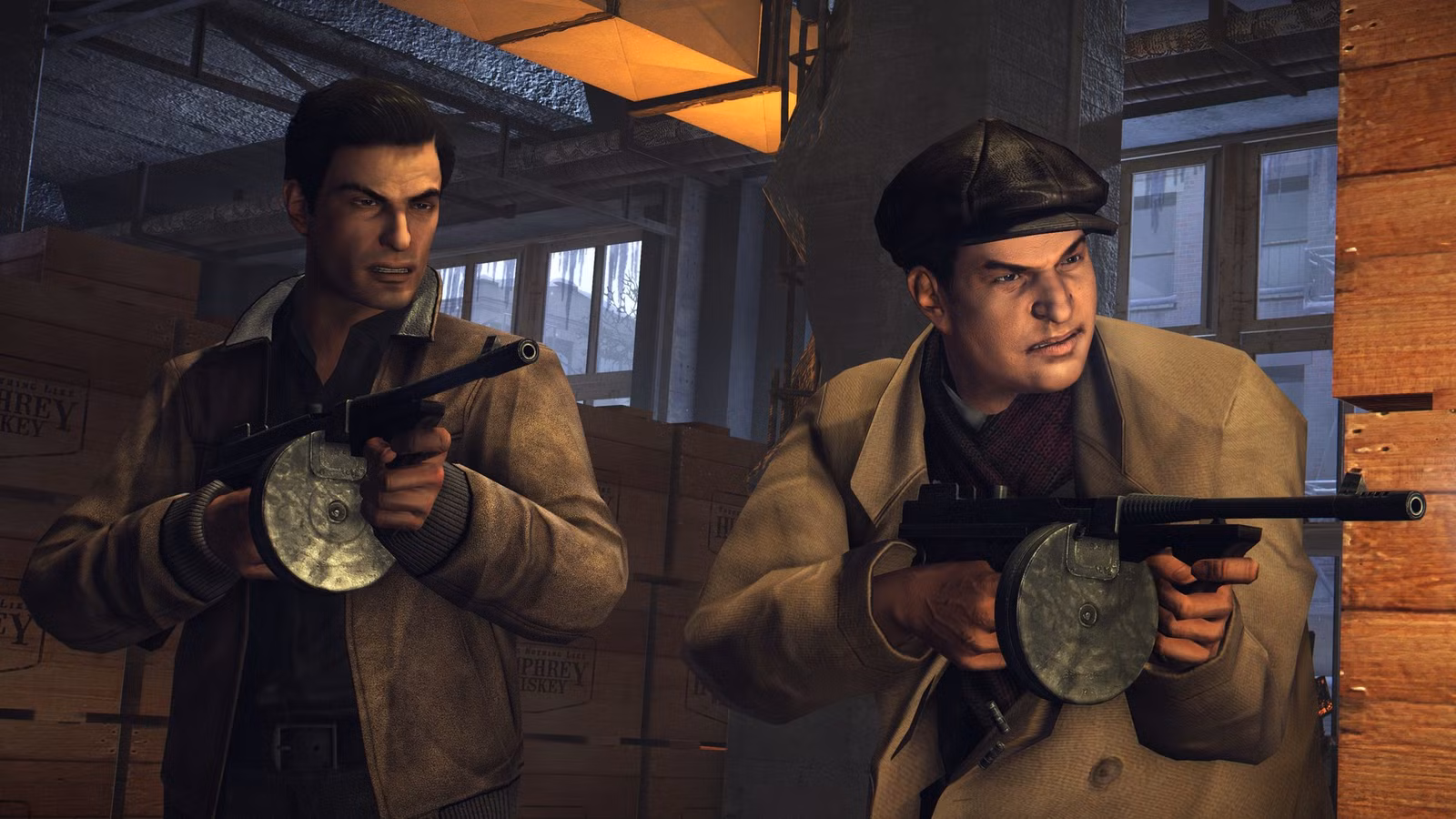 Personagens segurando metralhadoras e prontos para um tiroteio em Mafia 2
