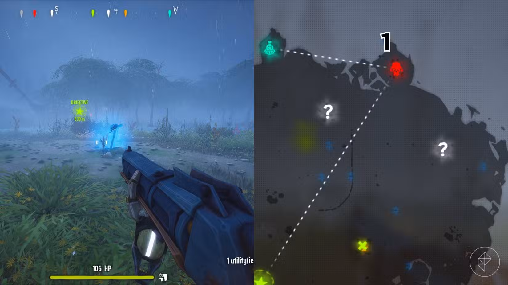 O lado direito da imagem mostra a localização do túmulo específico marcado no mapa Woodlands em Far Far West com um número, enquanto o lado esquerdo mostra o jogador no jogo parado próximo ao túmulo.