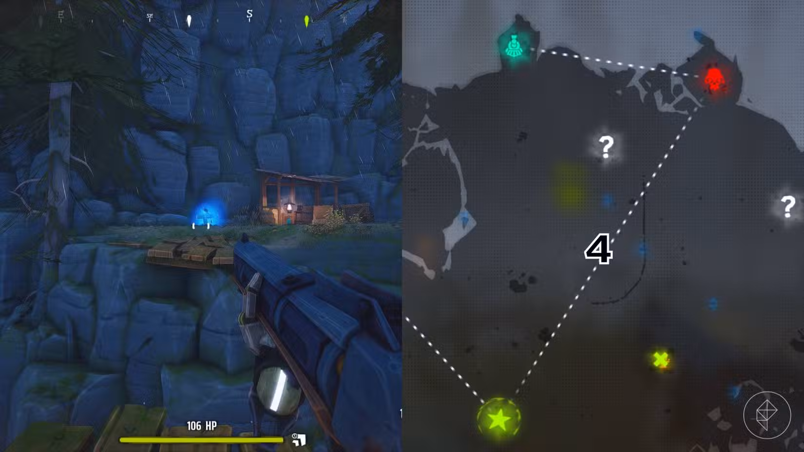 O lado direito da imagem mostra a localização do túmulo específico marcado no mapa Woodlands em Far Far West com um número, enquanto o lado esquerdo mostra o jogador no jogo parado próximo ao túmulo.