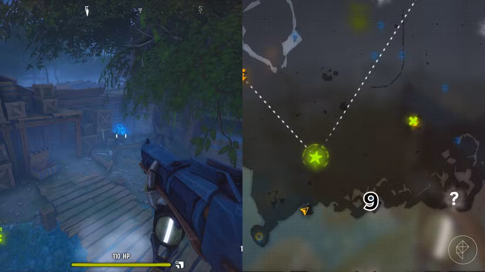 O lado direito da imagem mostra a localização do túmulo específico marcado no mapa Woodlands em Far Far West com um número, enquanto o lado esquerdo mostra o jogador no jogo parado próximo ao túmulo.